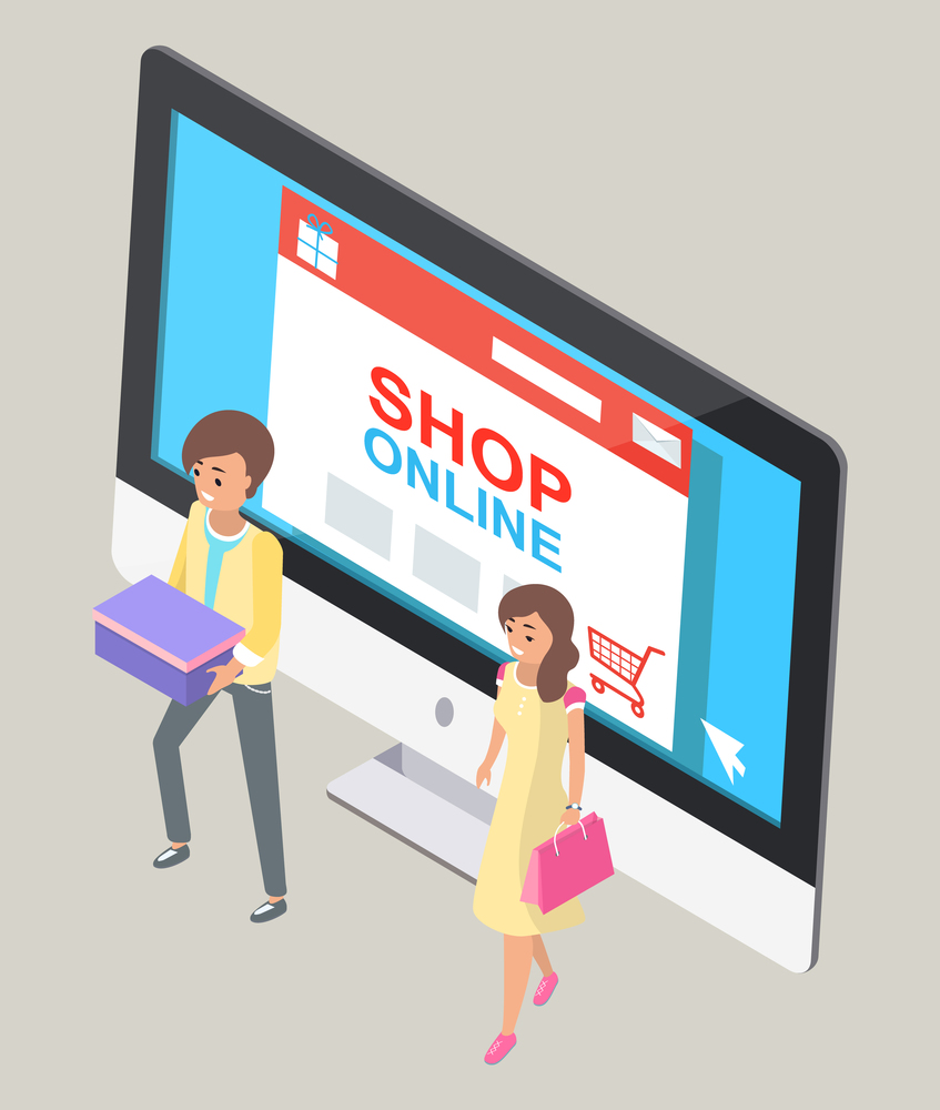 Online store concept. Happy man with box and woman with bag buyer go from the store with purchases. Internet shopping order products from home. Computer monitor with the image of an online store site. Online store concept. Happy man with box and woman with bag buyer go from the store with purchases