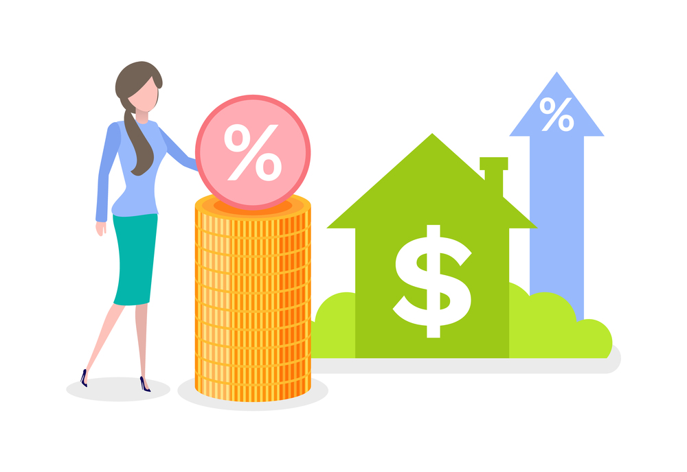 Coins and credit icons, percent of money invest, rising arrows and house, money objects and woman, banking income, cash symbol and dwelling vector. Credit and Percent, Dwelling and Dollar Vector