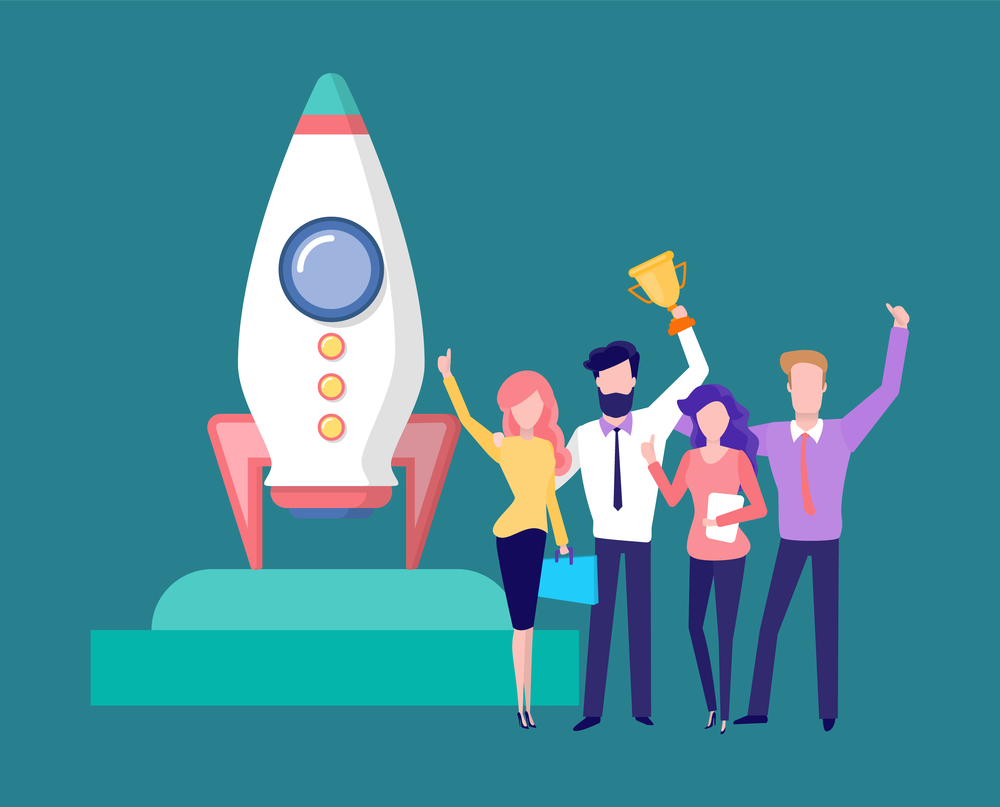 Winners standing with award, man and woman colleagues, business success of teamwork, spaceship on platform, growth symbol, group of people vector. Employees Success, Teamwork Win, Spaceship Vector
