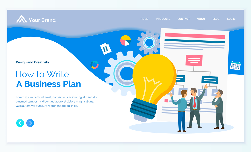 Landing page of business website. Website slogan how to write business plan. Cohesive people discuss creative solutions and idea on large information stand background, conceptual giant light bulb. Business site template. Making innovative decisions, business ideas, a big light bulb, teamwork