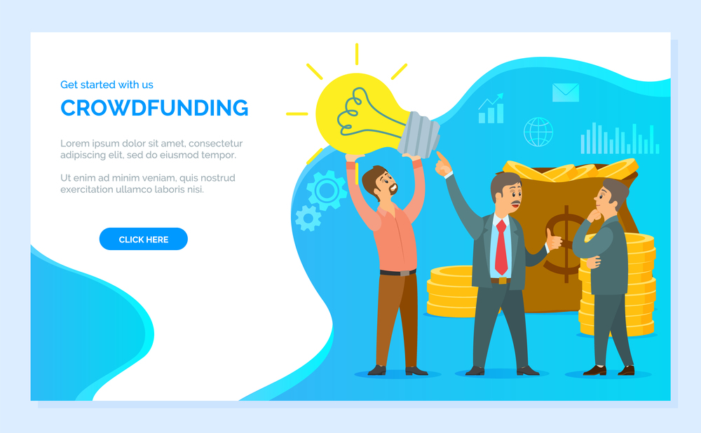 Business idea crowdfunding volunteer concept flat web infographic vector. Group of people near coins, man holding lightbulb. Crowd funding process illustration. Creative people collection website. Business idea crowdfunding volunteer concept flat web infographic vector. Website template