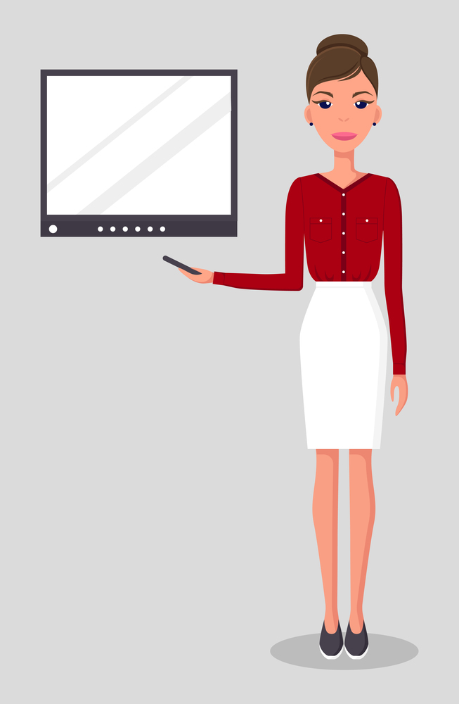Girl with a pointer in her hand giving a presentation on the screen. Business woman wearing a red blouse presents a report. Pretty young slim woman in business clothes. The teacher leads the lesson. Pretty young slim woman in business clothes. Business woman presents a report flat illustration