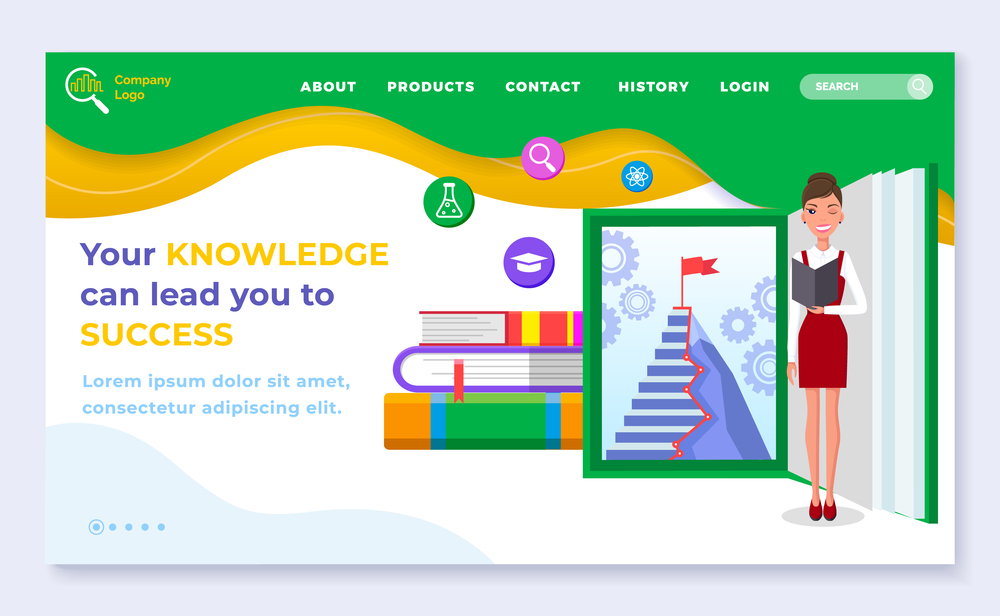 Your knowledge kan lead you to success vector illustration banner. Books step, way up the stairs, young girl in formal clothes, education infographics. Training, education concept webpage template. Your knowledge kan lead you to success vector illustration banner. Education concept webpage template