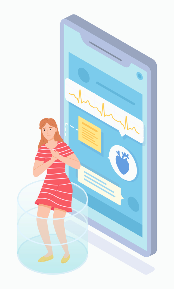 Alarmed young girl holding on to heart. Heart attack. Large smartphone screen, chat with cardiologist, health problems, cardiogram. Online doctor consultation. Flat isometric vector image on white. The woman has heart problems, online cardiologist consultation. Health care. Isometric image