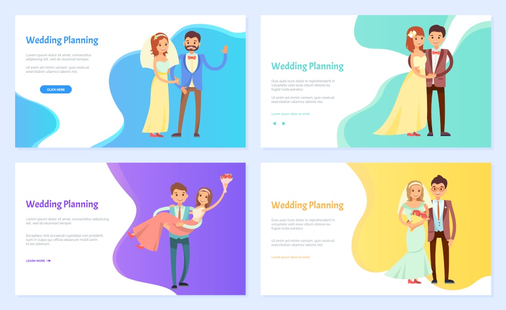 Wedding planning webpage, information site help newlyweds in organizing a wedding event landing page template. Bride and groom wearing party wear for celebration of special day. Lady holding bouquet. Wedding planning webpage, information site help newlyweds in organizing a wedding event landing page