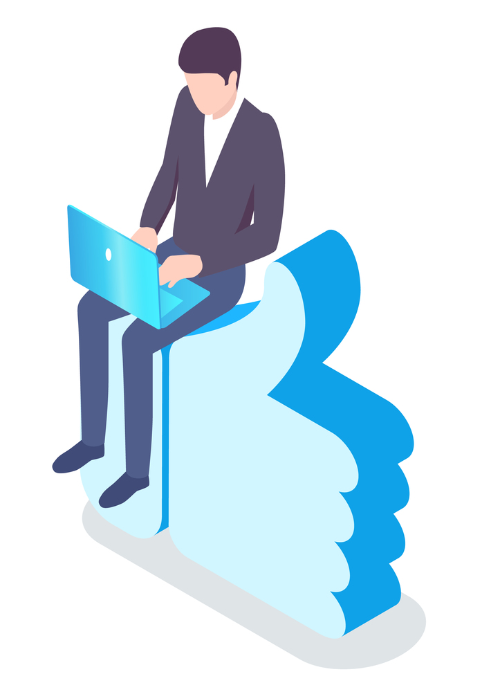 Male typing on laptop sitting on big thumb up. Isolated male character working on business project, freelancer using gadget for job. Guy wearing formal clothes and like symbol. Vector in flat style. Businessman Working on Laptop Sitting on Like Sign