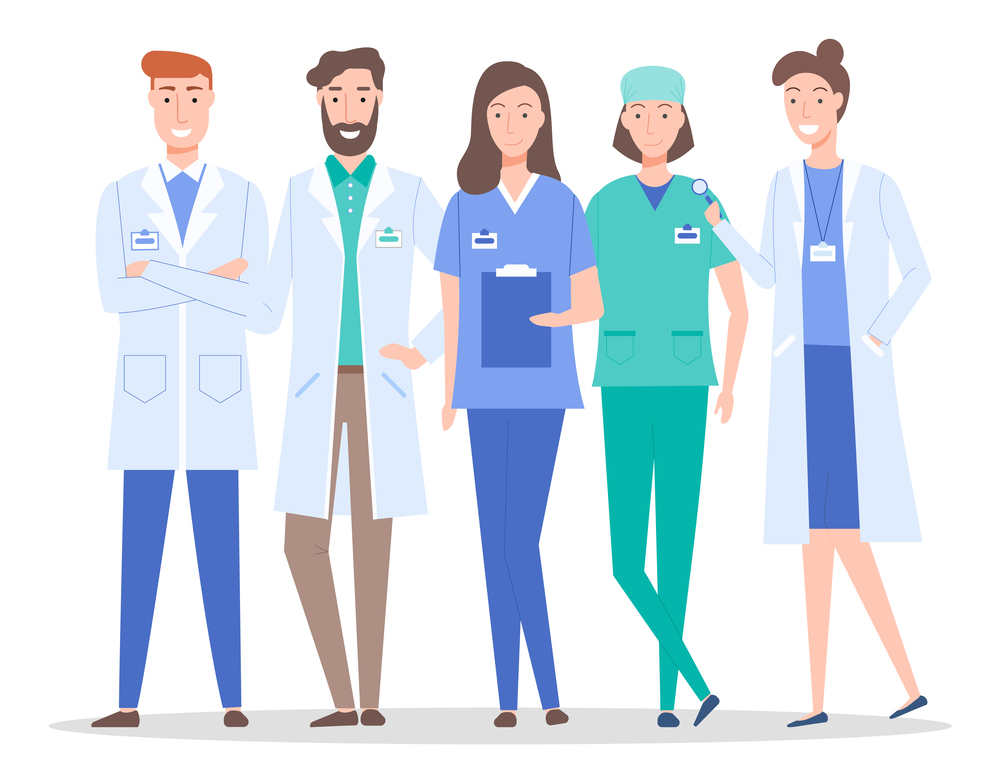 Collective of doctors and nurses characters set flat style. Medical doctors people group icon on a white background vector. Medical professional workers man and woman wearing special clothes. Collective of doctors and nurses characters set flat style. Medical doctors people group icon vector design