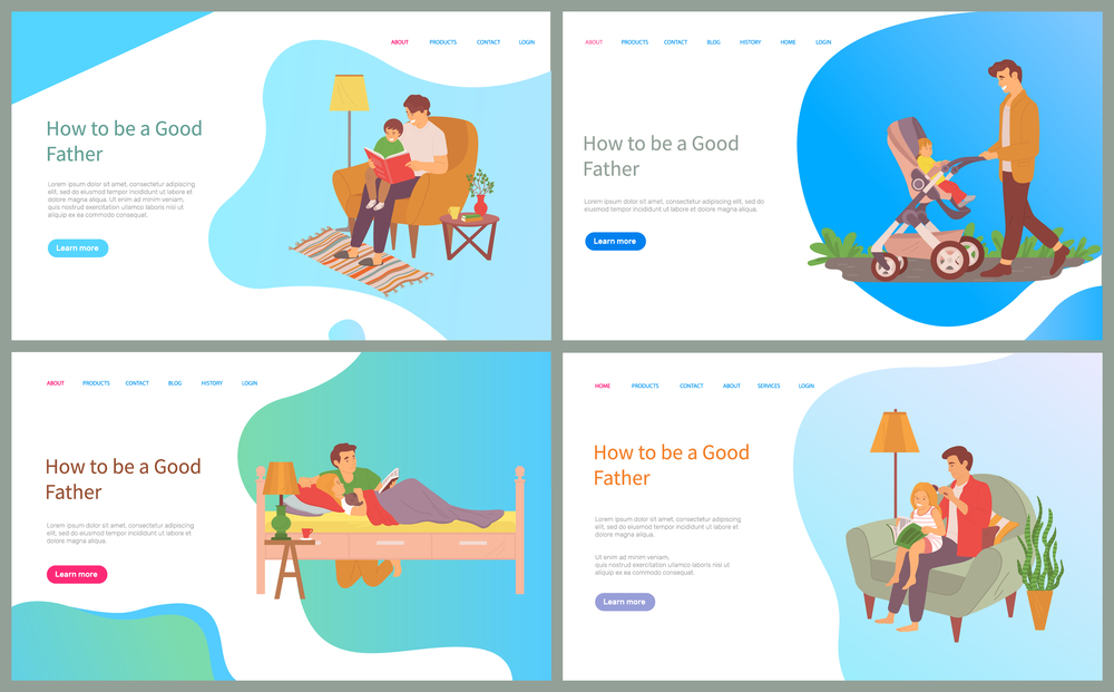 How to be good father vector, child sitting in perambulator, male with pram walking on weekends, care for daughter, bedtime reading and feeding. Website or slider app, concept for Father day. How to be Good Father, Daddy Walking Kid in Pram