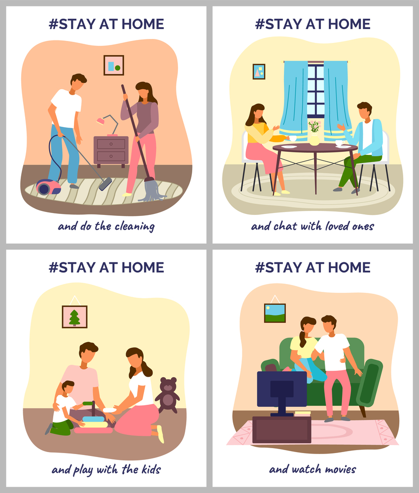 People stay at home. People cleaning, chating with loved ones, playing with kids, watching movies . I stay at home awareness social media campaign and coronavirus prevention. Flat imge illustration. I stay at home awareness social media campaign. People stay at home and play, chat, watch tv