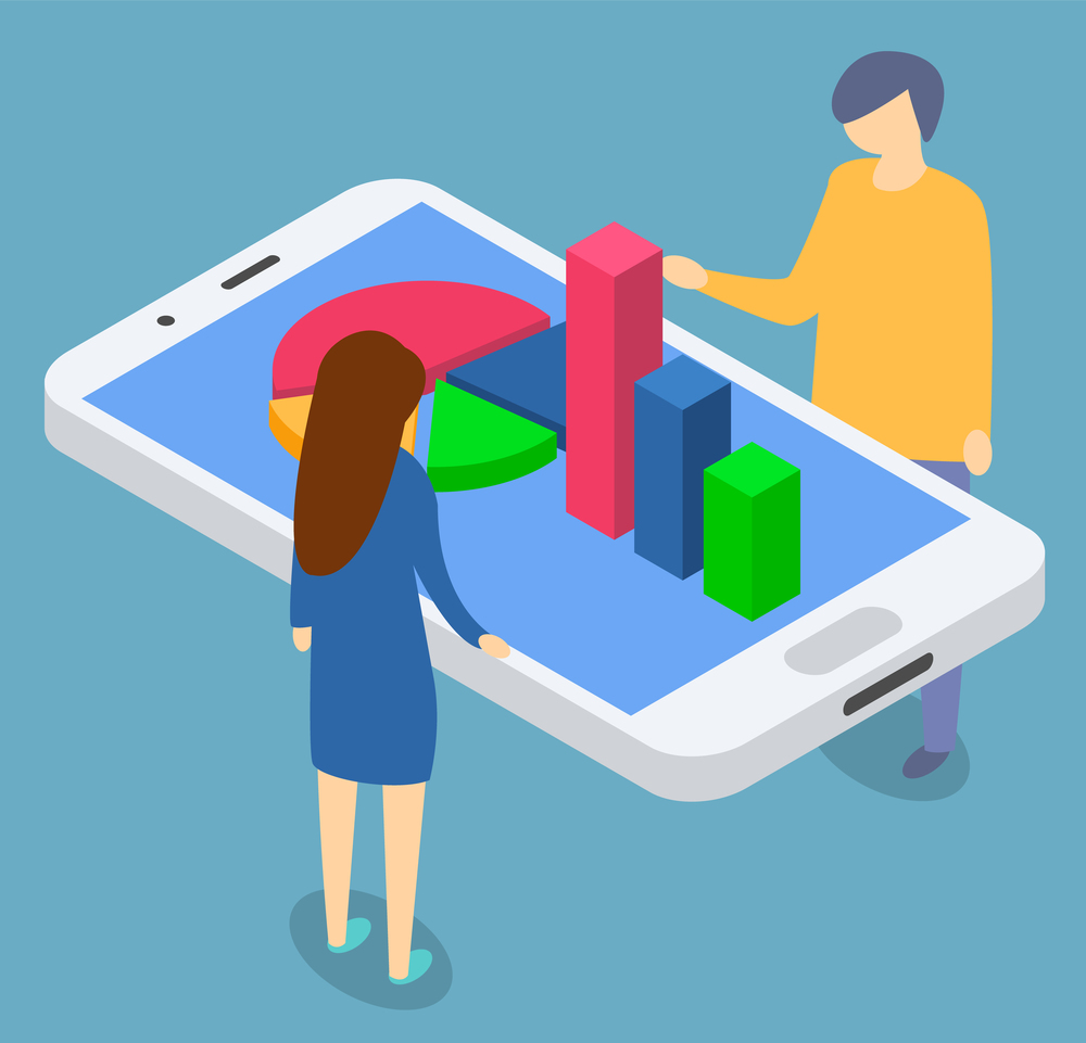 Man and woman stand near smartphone with statistics charts on screen. People look at diagram icon and discuss about it segments. Infographic about researches for report. Vector illustration in flat. Man and Woman Stand near Diagram on Phone Screen