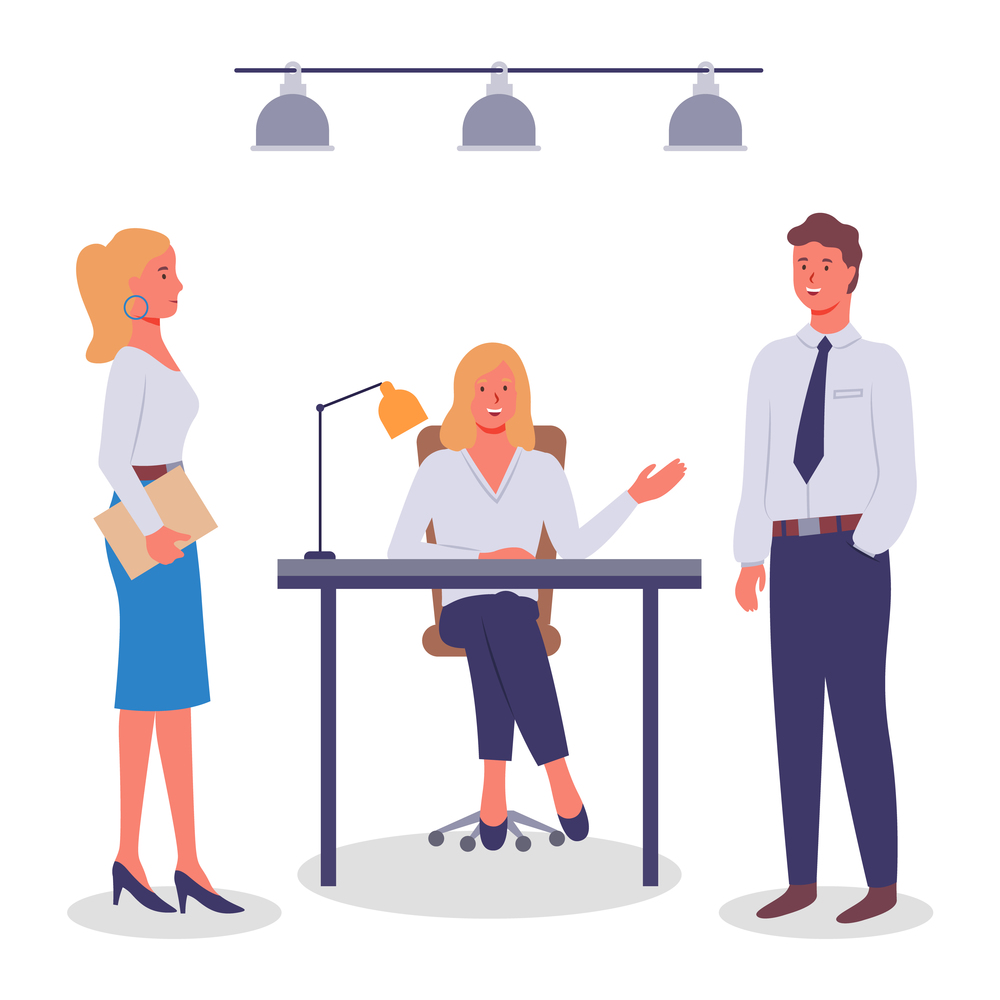 Office staff, work and communication. Head and subordinates. Lady boss sits at desk, lamp, chair. Girl with folder in strict suit. Man standing with hand in pocket. Co-workers isolated on white. Office staff, employees of different levels. Employees, boss, subordinates. Guy and girl standing