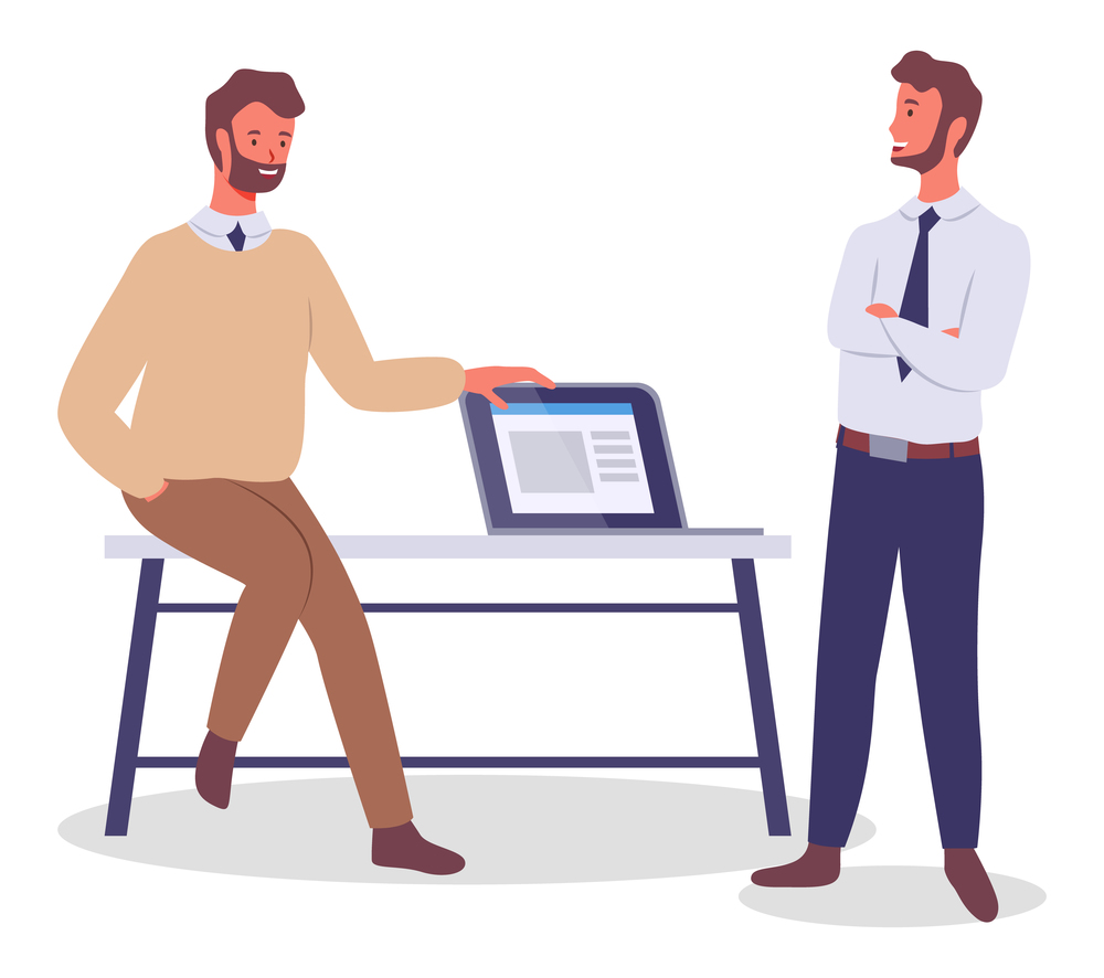 Two young bearded modern men, office workers, staff, colleagues. Men in the office, desk, laptop. Males communicate, discuss. Communicate and work. Flat vector illustration isolated on white. Two young office employees in the office. Colleagues, friends, associates. Flat image on white