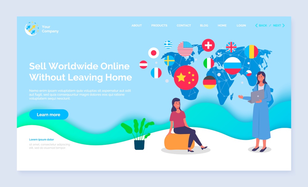 Landing page of online shopping site. Slogan Sell worldwide online without leaving home. Woman sitting on yellow pouf, pot plant. Girl manager in blue long dress with notebook. Big blue world map. Shopping site template. Concept of online world trade without leaving home. Girl at home, seller