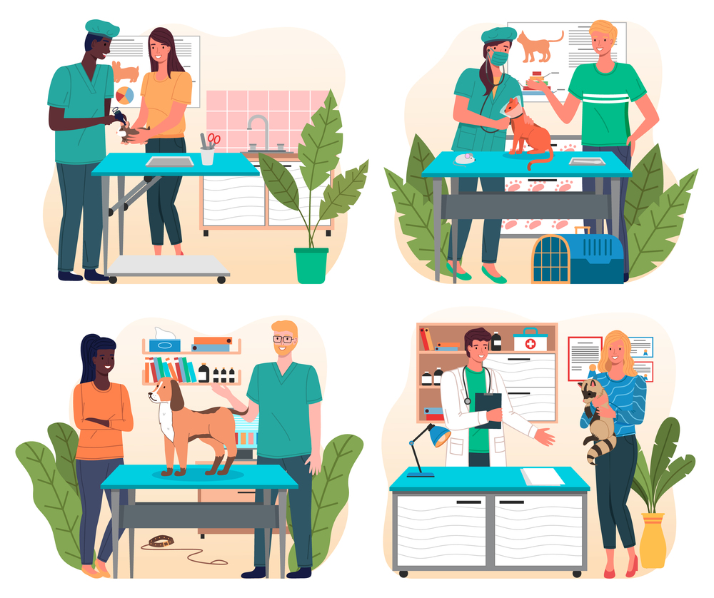 Set of illustrations on veterinary theme. Veterinarian s office with surgical or examination table. Treat pets. Consultation with vets. Medical manipulations. Veterinarian and veterinary Nurse. Set of vet doctors and nurses. Treat animals. Veterinarians and pets. Care the domestic animals