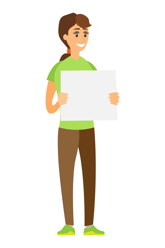 Smiling woman with blank sheet of paper, isolated cartoon character from volunteers organization. Vector protesting girl, volunteer or social worker. Smiling Woman with Blank Sheet of Paper, Isolated