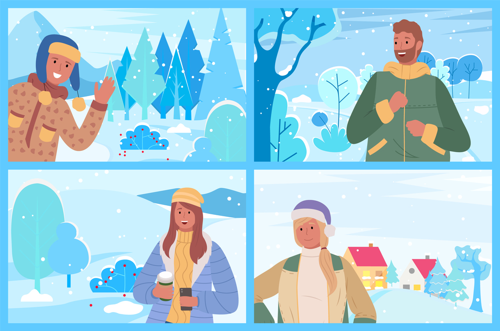 Man and woman wearing jacket and hat warm clothes enjoying view of snowy mountain and wild forest in village. Happy people holding phone and cup traveling near spruce in winter season vector. Smiling Man and Woman on Winter Snowy Land Vector