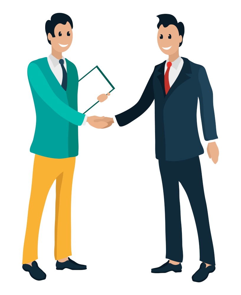 Male person shaking hands isolated cartoon characters. Vector managers in suits, businessman workers, male with folder. Partners after negotiations. Male People Shake Hands Isolated Cartoon Character