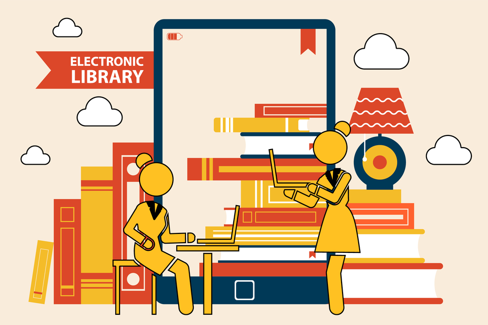 The library in the e-book. Online library education, files knowledge concept. Stack of books on tablet screen. Girls with laptops in books store reading electronic book, distance digital learning. The library in the e-book. Online library education concept. Stack of books on tablet screen