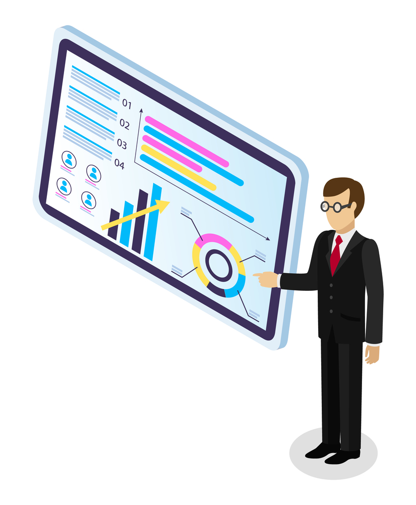 Isometric image of cartoon businessman with glasses points to large screen tablet with bar chart, pie chart, colorful flowchart, team performance indicators, analytical data. Business infographics. Mnager or businessman points to large tablet screen with analytical data. Teamwork monitoring