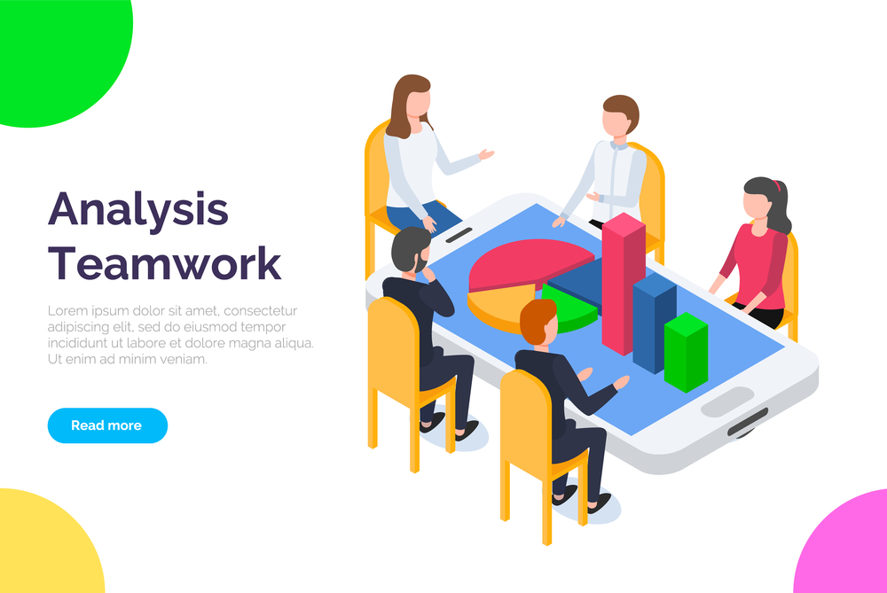 Analysis teamwork landing page template. A team of analysts holds a meeting and develops a marketing strategy based on an analysis of the financial performance, diagrams of the enterprise vector style. Analysis teamwork landing page template. A team of analysts holds a meeting and develops a strategy