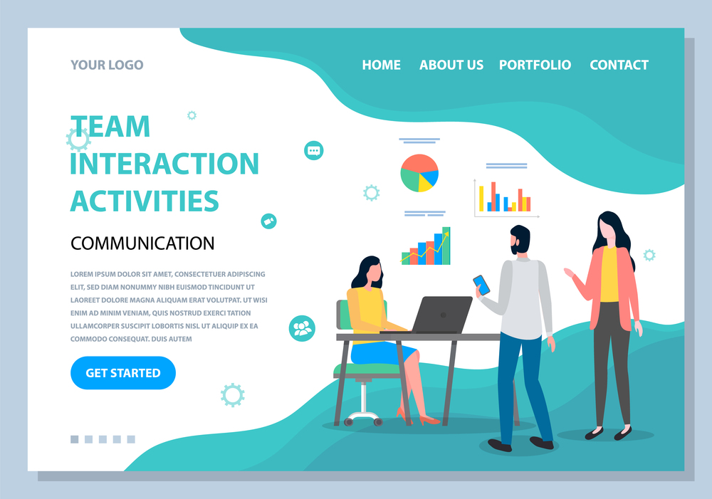 People work together and interact with graphs. Business, leadership, team interaction activities landing page template. Workflow management, office situations and communacation, successful teamwork. People work together and interact with graphs. Business, leadership, team interaction activities