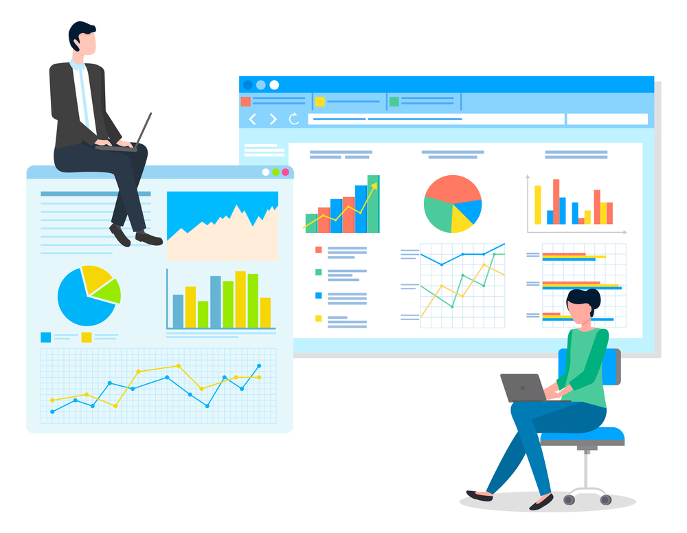 Office workers managers and presentation with graphs, charts. Project management, financial report strategy. Data analysis team. Business people specialists analysts man and woman working with laptop. Data analysis teamwork, statistical analytics work with indicators, market research concept