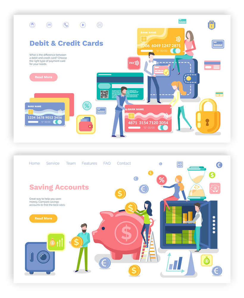 Debit and credit card vector, saving accounts money investment and getting profit of percentage. People with banking systems, pig and dollar. Website or webpage template, landing page flat style. Saving Accounts Debit and Credit Card Websites
