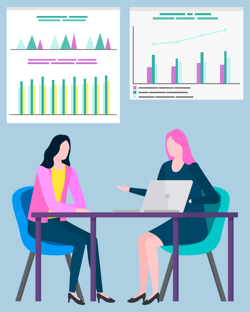 Businesswoman working with boss vector, ladies thinking on stats and information. Infocharts and analysis, analytics for business company projects. People Working with Stats in Infocharts Boards