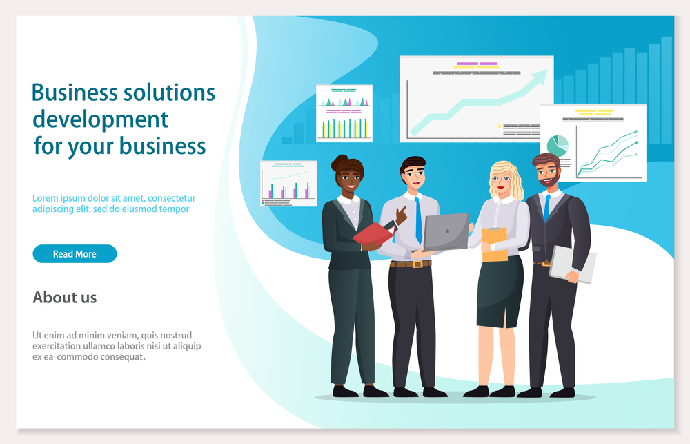 Business solutions development for company webpage template. Success way and creative innovations. Team of people discuss, standing together make a business plan. Landing page management process. Business solutions development for company webpage template. Team of people make a business plan
