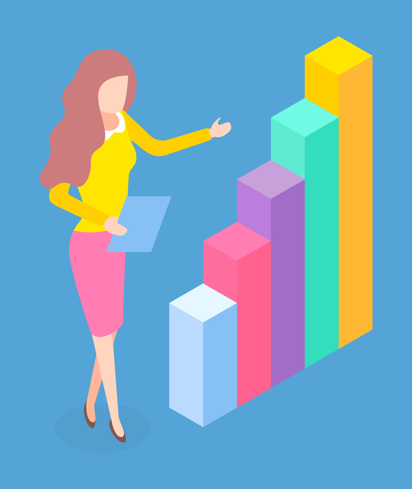 Woman standing near diagram consisting of vertical color rectangular bar, vector illustration. Step growing chart. Information business statistics and digital indicator element, infographics template. Woman standing near diagram consisting of vertical color rectangular bar ,vector illustration