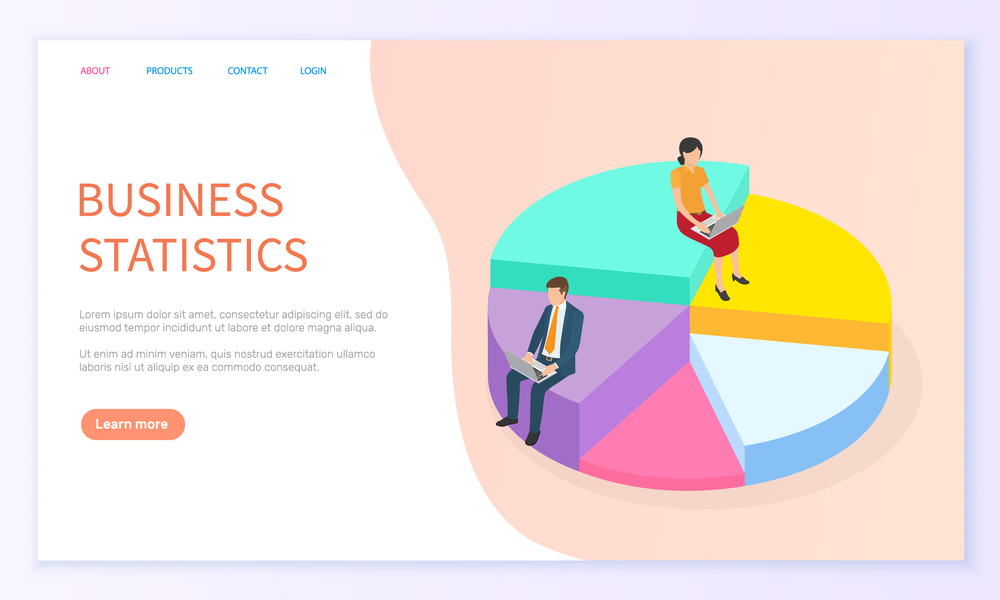 Expert team for business statistic, data analysis, management and marketing department. Landing page template. Financial administration consulting for company performance analyzis concept statistics. Isometric expert team for business statistic, data analysis, management and marketing department