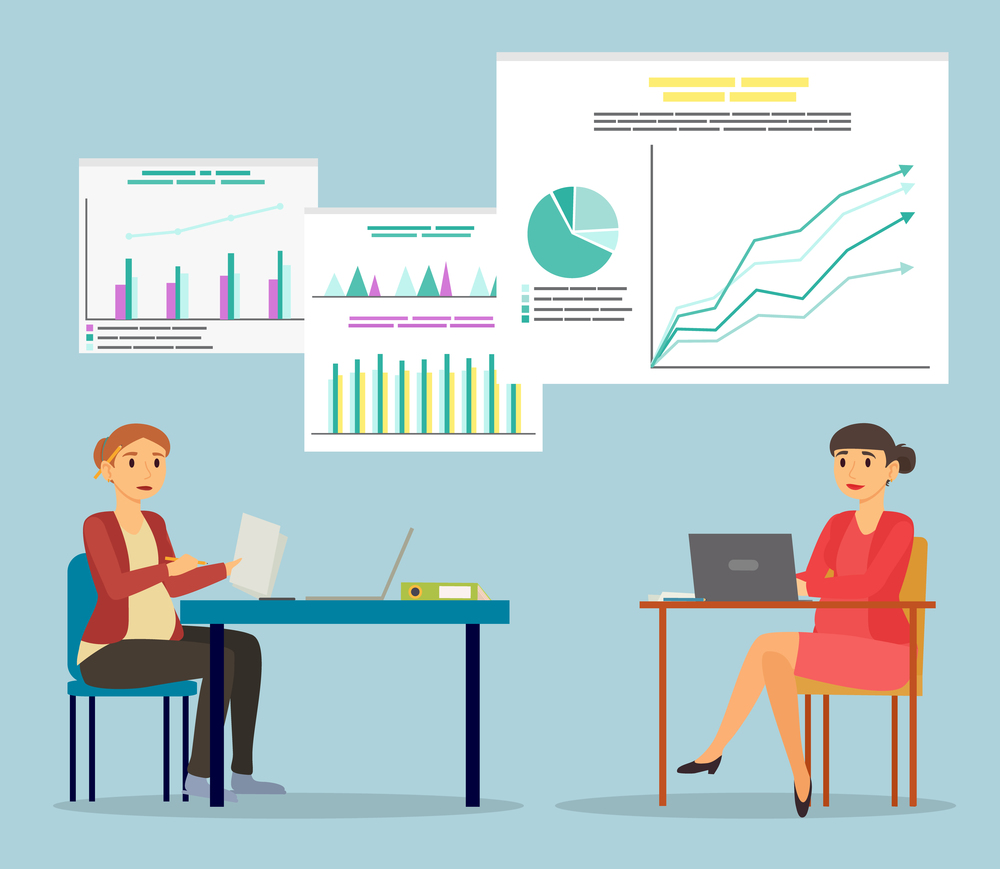 Two pregnant women sit by table at office. Future mothers working on laptop and with papers. Businesswomen on workplace in parlor. Diagrams and infographics on board. Vector illustration in flat style. Pregnant Woman Work in Office, Analytics on Board