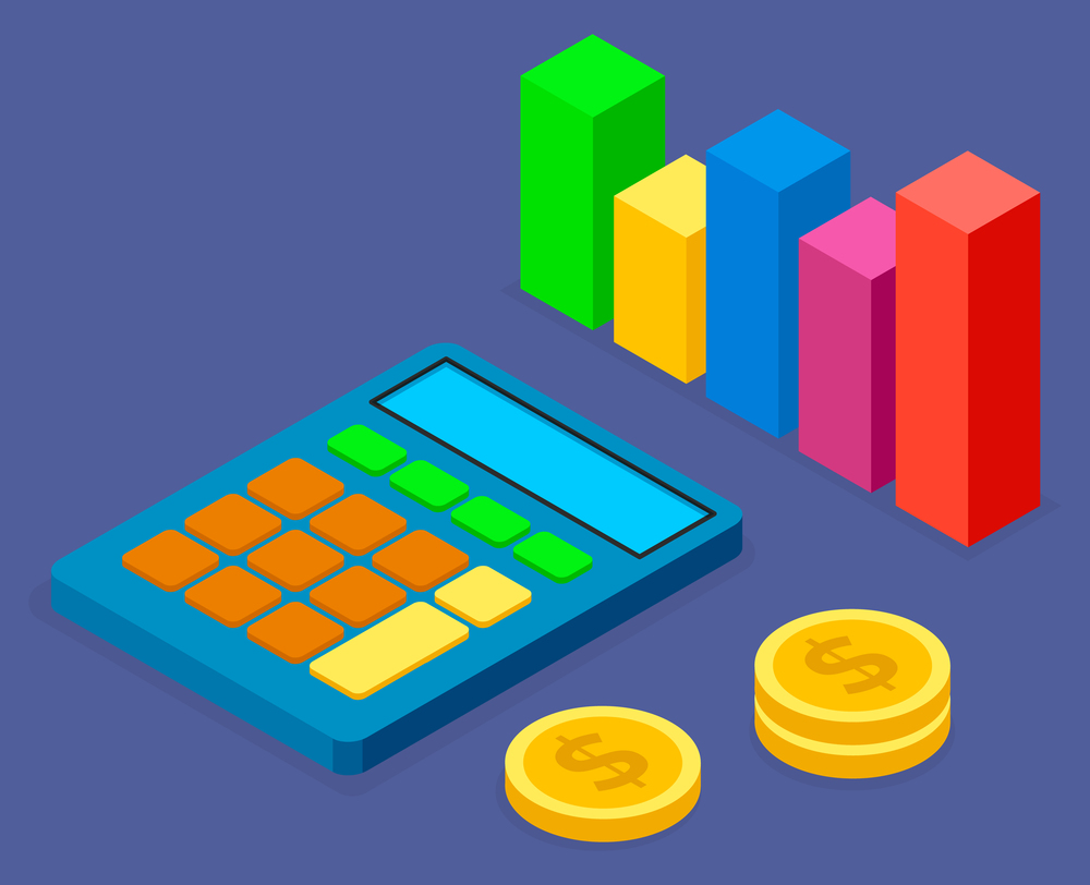 Cartoon calculator with big buttons, drain of cent coins or dollars, symbolic image of colorful bar chart. Count money, accumulation means, wealth. Shopping, trade relations, world trade. E-commerce. Calculator, bar chart and stack of dollar coins, monetary symbols. Trade, purchases, sales