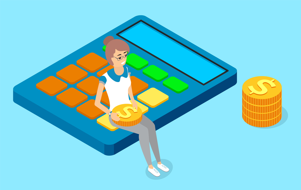 Design concept to count money. A girl holding coin sitting on calculator, stack of gold coins dollars. Success and finance, business calculations, accounting and financial data, budget planning. Design concept to count money. Vector illustration of a girl holding coin sitting on calculator