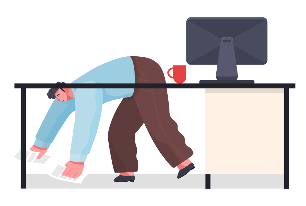 Office worker, cartoon man dropped documents on the floor. Desktop, monoblock, red cup of coffee. Chaos in office. Deadline. The man is nervous, collecting documents from floor. Flat vector image. Chaos in office, office worker dropped papers on the floor, workplace, deadline. Flat image