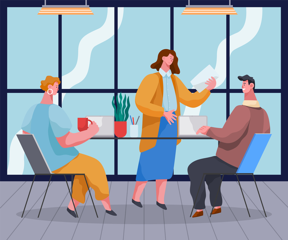 Cartoon characters in the office. Man and woman sitting at table with laptops,female holds red. Businesswoman holds presentation with paper sheet in her hand. Cozy office interior. Flat vector image. People in the office, woman is giving presentation to employees. Laptops on table. Flat vector image