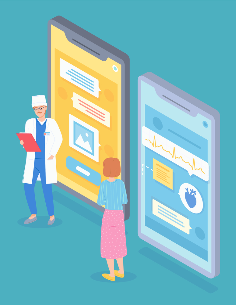 Isometric illustration of online medicine service. Doctor examines a woman patient with smartphone. Heart problems message on smartphone screen. The study of medical tests. Online diagnostics concept. Doctoral cardiological consultation of a patient remotely using a smartphone. Flat vector image
