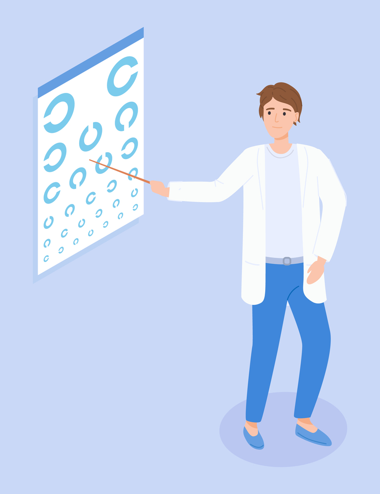 An ophthalmologist diagnoses vision, points to eye test chart. C Chart. Vision Exam. Optometrist Check. Medical Eye Diagnostic. Ophthalmic table for visual examination. Flat vector illustration. Ophthalmologist points to eye at table for visual examination. Optometrist check medical diagnostic