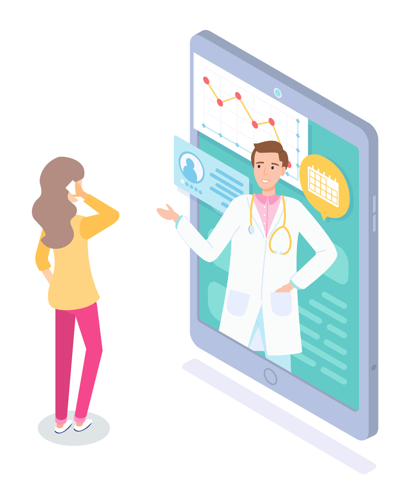 Making an appointment with a doctor on smartphone. Consultation of medical specialist online. Patient history. Patient consultation to the doctor via internet. Online medicine service and diagnostic. Online medical support. Appointment with a doctor on smartphone. Medicine and healthcare. Flat image