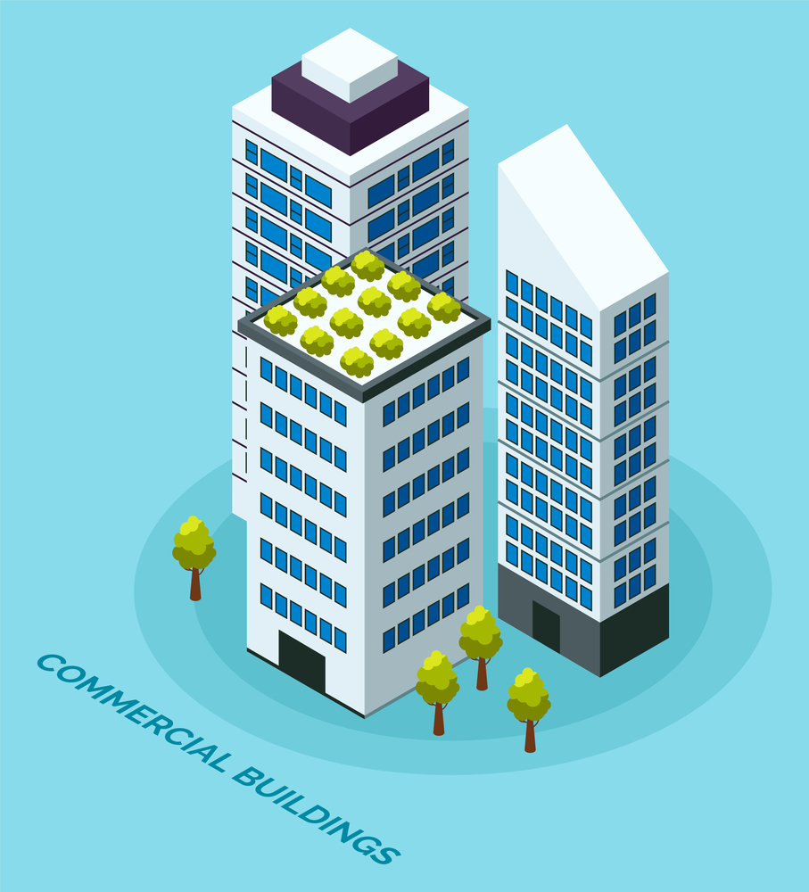 Skyscraper buildings in city space with green plants on the roof in flat style concept top view isolated on blue. Modern urban structure with house facade. Commercial constructions with apartments. Skyscraper buildings with green plants on the roof. Commercial constructions with apartments