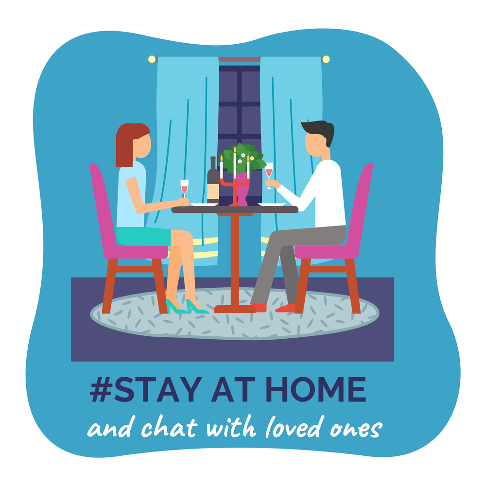 Romantic evening of the two lovers. Romantic dinner during quarantine. Talking to your loved ones. I stay at home awareness social media campaign and coronavirus prevention. Flat image illustration. Chat with loved ones. Romantic date. Couple stay at home. Coronavirus prevention. Flat image