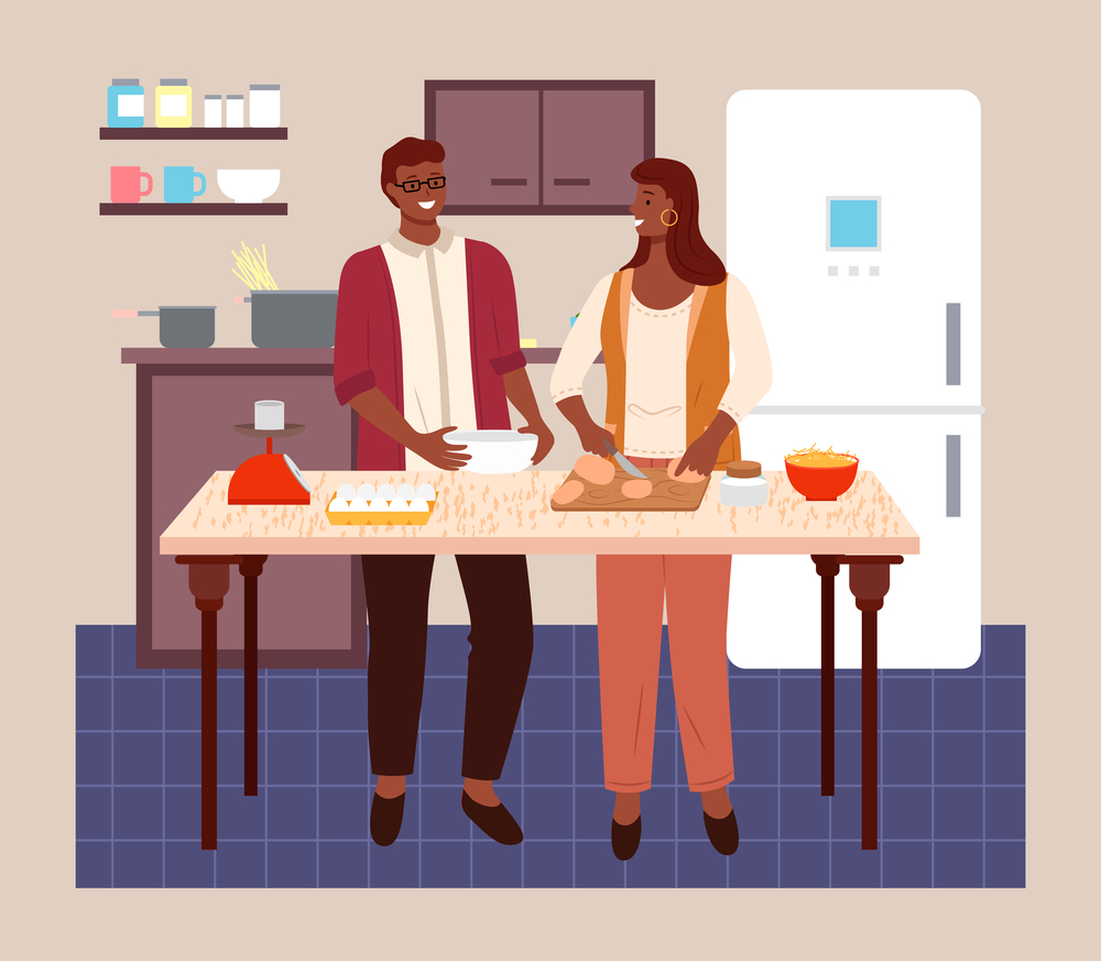 Young black married couple cooking together. Tall guy in glasses with white bowl in his hand, woman uses knife and cutting board. Cook at home. Cozy kitchen interior. Stay home. Flat illustration. Couple preparing food in kitchen at home.Man holds bowl, woman cuts product or meat. Stay home