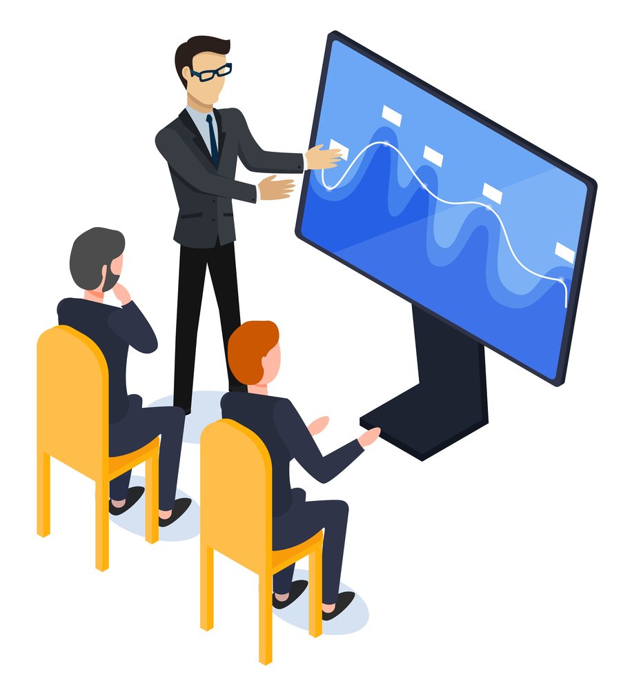 People work in a team and interact with graphs on modern screen vector. Business, workflow management and office workers in teamwork. Statistics and analytics presentation with innovative technologies. Businessmen and Business Graphs on Modern Screen