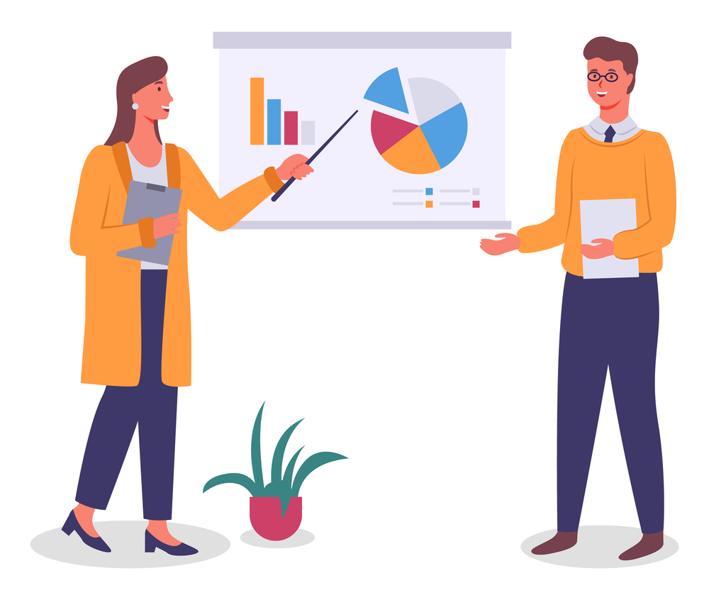 Woman points to stand with pie, bar charts, man with glasses and folder in her hands. Pot plant. Employees, colleagues or office staff. Communicate and work. Flat vector image isolated on white. Employees at presentation in office. Guy at table with document, woman with clipboard. Flat image
