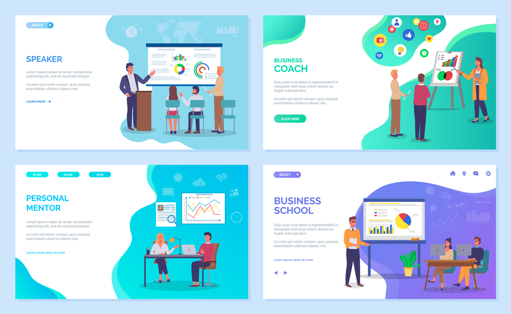 Business training staff, concept. Personal mentor and speaker landing page template. Corporate school, seminar. Flat style vector. Conference employee. Training conference planning business decisions. Business training staff, concept. Corporate school, seminar, personal mentor landing page template