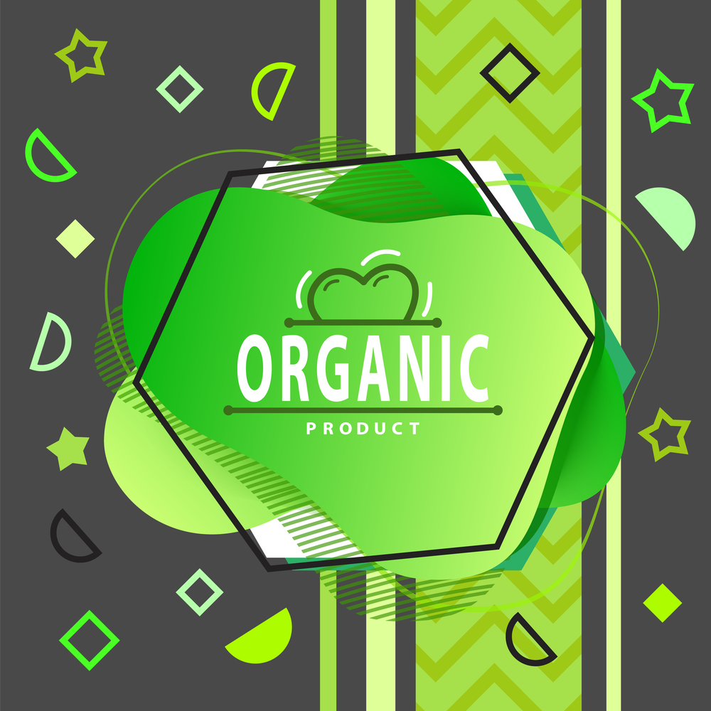Poster or banner design for organic, natural product with green label and white text on green and black background. Ecology clean, natural and herbal products. Dieting nutrition, healthy food. Banner for organic, natural product with white text on green and black background flat vector