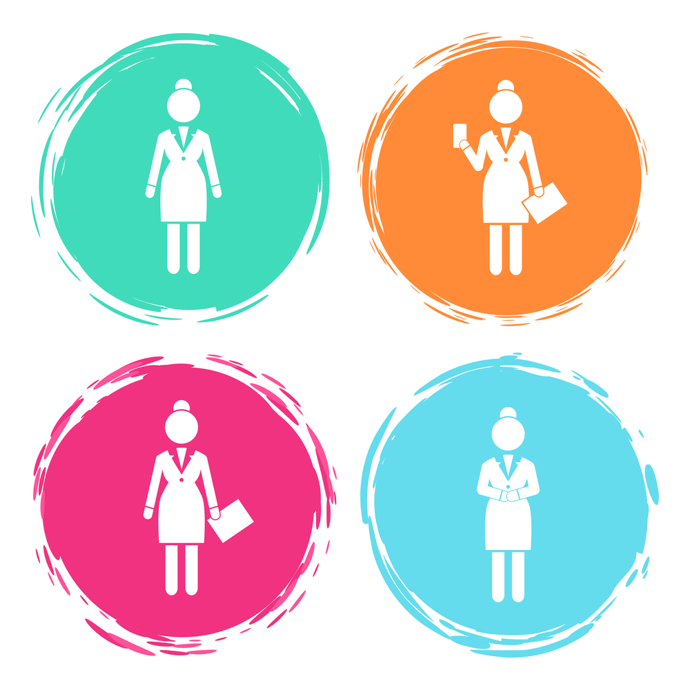 Set of business woman white silhouettes icons in round frames different colors. Women in action. Lady dressed formally full length. Businesswoman activities at work. Positions and actions of a person. Set of business woman white silhouettes icons in round frames of different colors. Women in action