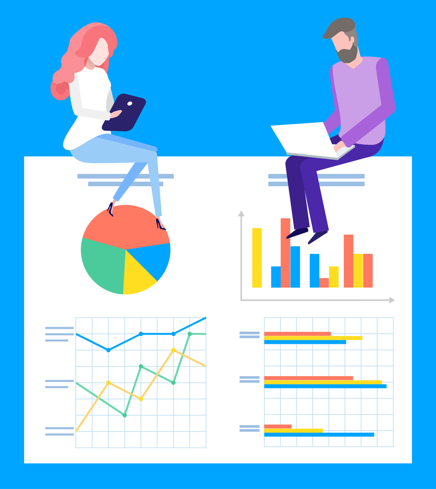 Data analysis team. Office workers managers and presentation with graphs and charts, group of people specialist analyst. Statistical analytics work with sales indicators, market research concept. Data analysis teamwork, statistical analytics work with indicators, market research concept