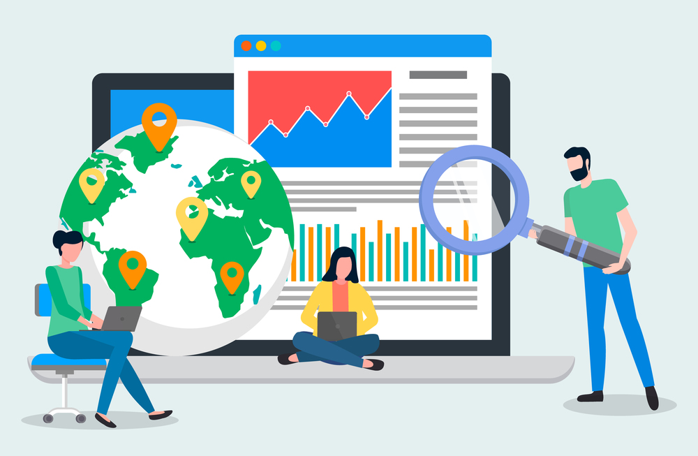 World performance business concept. People working with presentation on laptop with statistical indicators and continental world map infographics template. International trade, global trading networks. World performance business concept. People working with presentation on laptop with digital data
