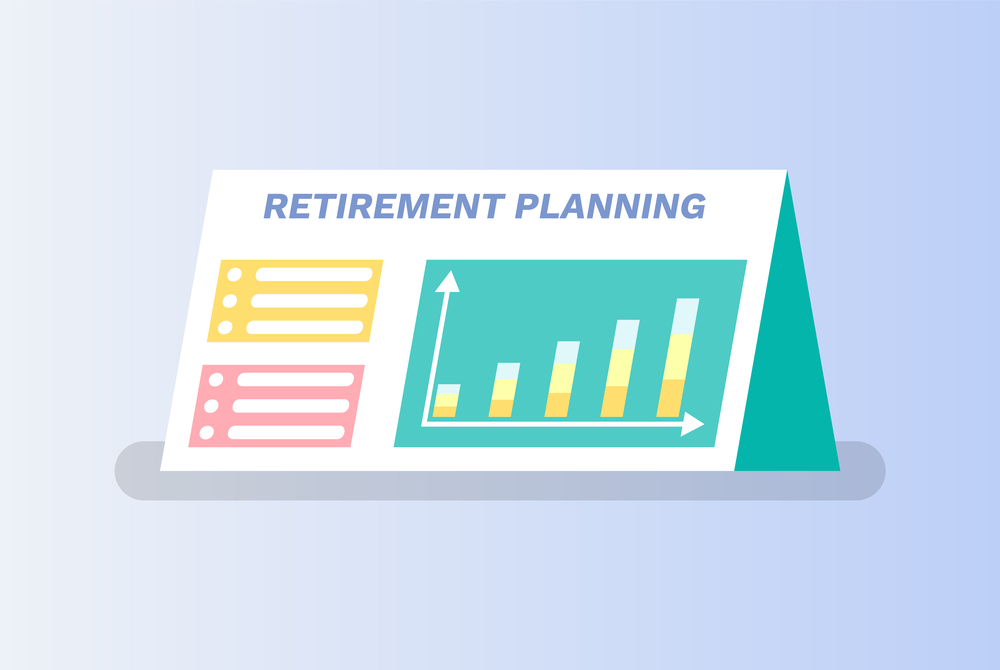 Retirement planning vector, board containing information about pension and ways of saving money, diagrams and charts, info on page flat style flowchart. Retirement Planning Paper with Infocharts Info